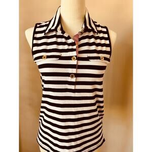 JONES NEW YORK Black White Striped Collard Tank Top Pocket Front Size Small